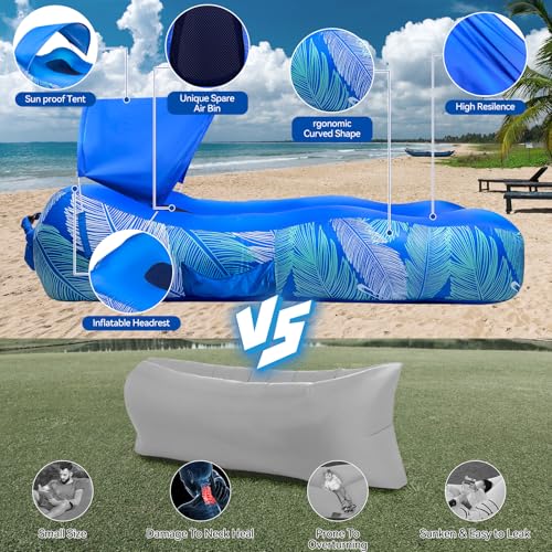 Mosoyolo Inflatable Lounger Air Sofa with Sun Shade Cover Waterproof Inflatable Couch Chair for Camping Beach Hiking Backyard, Easy to Set Up Inflatable Couch (Blue)