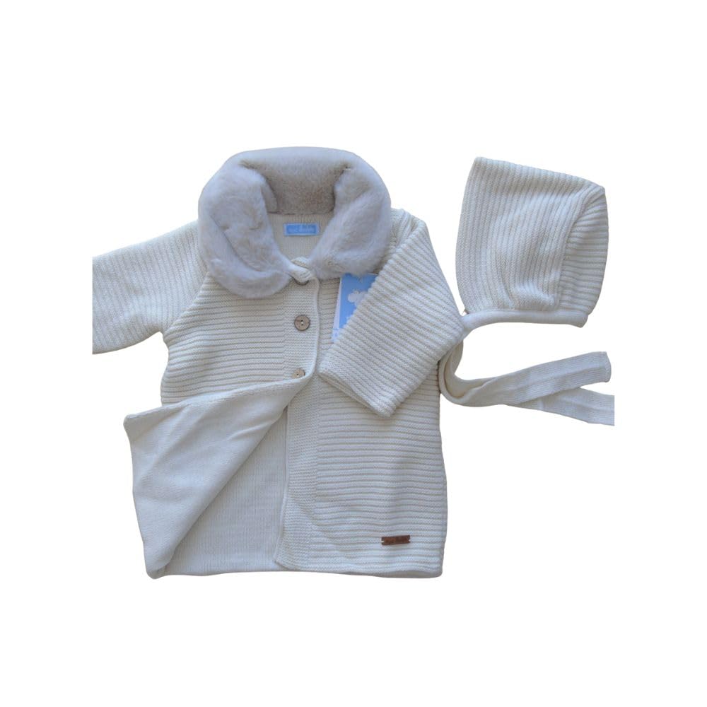 Abrigo elegante de 2 piezas para recién nacido niño invierno 3-12 meses de tejido de punto de mezcla de lana forrada marfil y gorra de mezcla de lana con cordones de marfil