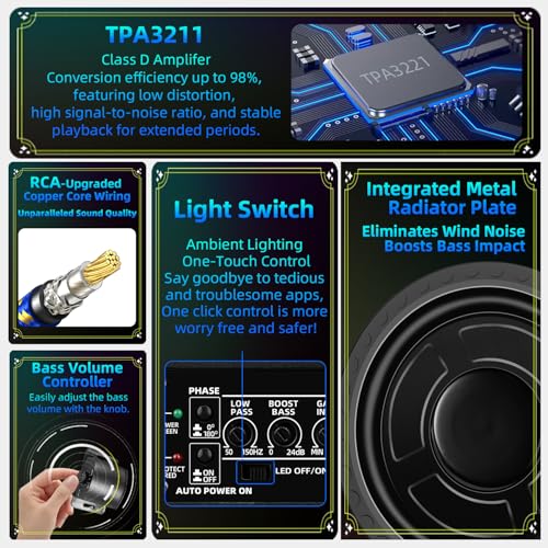 Image of 1600W Slim Underseat Subwoofer with Built-in Amp 10 Inch Sub | RGB Ambient Lighting, LPF /Gain /Bass Boost Controls, Individual Controls, Distortion-Free Deep Bass | Universal Fit for All Car