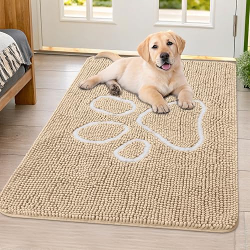 Image of Smiry Dog Door Mat for Muddy Paws, Absorbent Dirt Trapper Non Slip Quick Dry Washable Chenille Mat for Mud Dogs, Entry Rug for Indoor and Outdoor (40x32 Inches, Beige and White)