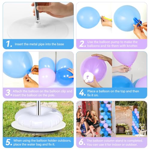 Image of 2 Sets Blue Purple Balloon Column Stand Kit with 99 Blue Purple Foil Balloons 10 Palm Leaf 5.57ft Adjustable Balloon Tower Stand with Bases Adjustable Arch Column for Tropical Birthday Party Decor