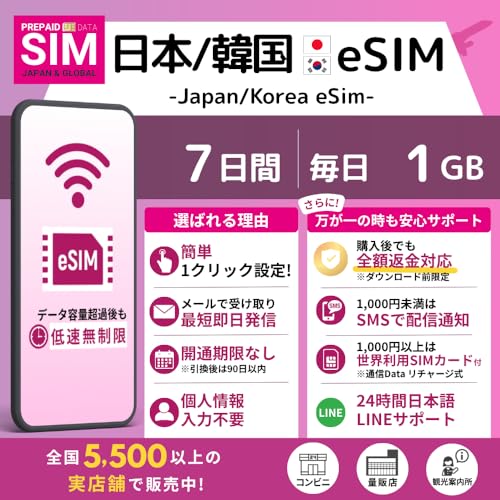 [ �؍� ���{ ���V eSIM ] �I�����C���ŒZ�������s�i���[�����j�b�I�ׂ�e�ʁE�����b���{�Őݒ肵���܂܊؍��Ŏg����b�����pOK�b���S24���ԓ��{��T�|�[�g�b�ᑬ�������t�� (7Days-Daily 1GB)