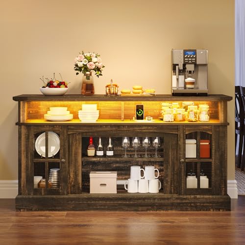 DWVO Farmhouse TV Stand for 65 Inch Television w/Outlets, LED Modern Entertainment Center with Glass Doors and Adjustable Storage Shelves, Media Console TV Cabinet for Living Room, Dark Rustic Oak