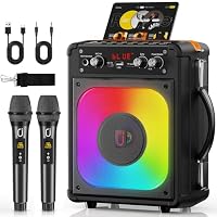 HWWR Karaoke Maschine mit 2 Kabellosen Mikrofonen, Tragbarer Bluetooth Lautsprecher mit LED-Licht & Schultergurt, TWS Partybox für Erwachsene & Kinder, PA System für Zuhause & Outdoor