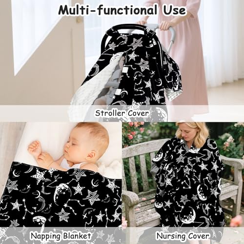 Image of Baby Car Seat Cover, Soft Minky Warm Winter Car Seat Canopy for Infants & Toddlers, Opening with Adjustable Strap, Breathable Nursing Cover & Stroller Blanket, Black Starry Sky (Fits Most Car Seats)