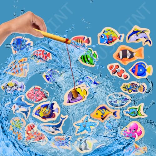 Image of PLUSPOINT Magnetic Wooden Fishing Game Toy for Toddlers, Fish Catching Games of 30 Piece Fishes 2 Sticks 1 Fishing Tray, Preschool Learning Hand and Eye Co-Ordination Educational Toys 3+Yr Kids