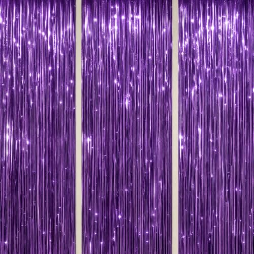 Image of DECOCKRAT 3 Pack Foil Fringe Backdrop - Purple Shiny Tinsel Curtains for Party Decoration /Photo Booth Props - 3.3x8.2 FT Metallic Foil Backdrop for Birthday, Wedding, Graduation, Christmas.