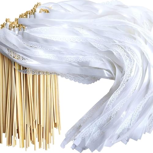 Mineup Baguettes De Mariage, 50 Pièces Bâtons De Ruban Pour Mariage, Baguettes Ruban Banderoles Avec Cloches, Serpentin Mariag Avec Cloches Pour Mariag, Anniversaire,...