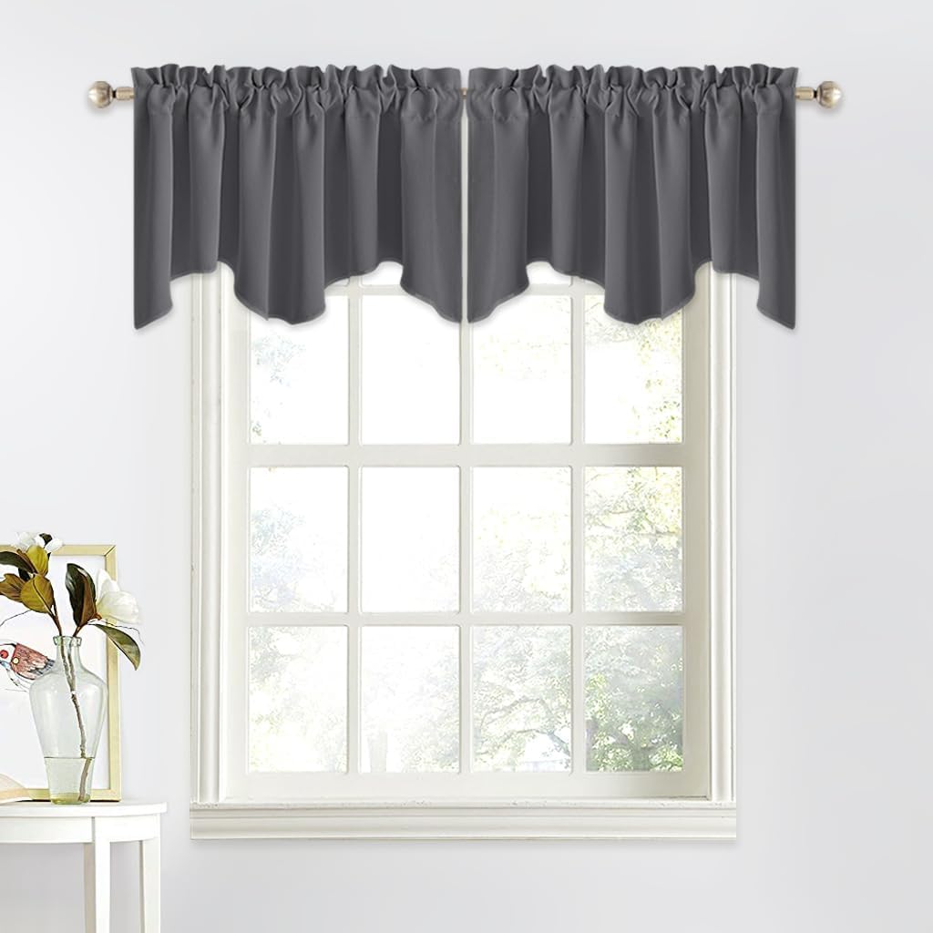 NICETOWN Bedroom Blackout Window Valances - 52 inches by 18 inches Scalloped Rod Pocket Window Treatment Sets Home Decoration Curtains Tier Panel for Kitchen/Living Room/Camper RV (Grey, 2 Panels) 52"W x 18"L (Pack of 2) Grey