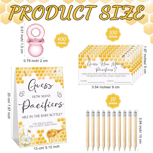 Image of Roowest 512 Pcs Baby Shower Games Guess How Many Pacifiers Sign 100 Small Guessing Games 10 HB Pencils 750ml Milk Bottle 400 Acrylic Pacifiers Decoration for Guest Gender Reveal(Pink,Bee)