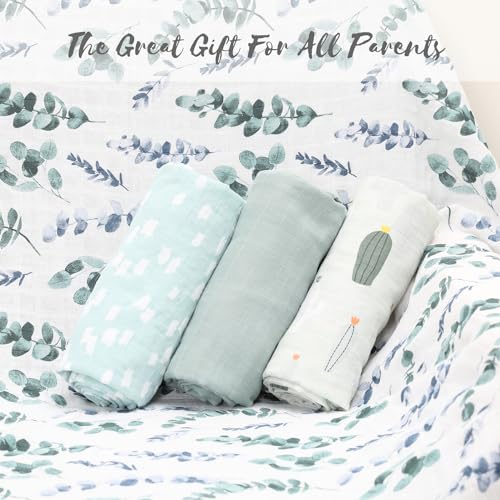 Image of Little Grape Land Muslin Swaddle Blankets 47''x47'' 4 Pack, 100% Cotton Large Size Baby Swaddles for Newborn, Soft Breathable Baby Blankets for Newborns, Green