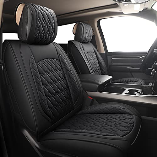JOJOBAY Car Seat Covers for Dodge Ram 2 Pcs Front Fit Ram 2009-2026 1500/2500/3500 Pick-up Truck Crew Regular Quad Mega Cab Waterproof Leather Automotive Seat Covers 2 PCS Front Black