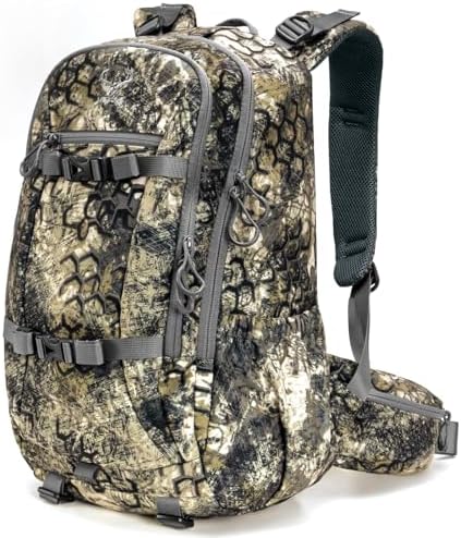 MOXULE Hunting Backpack Waterproof Pack: 25L Hunting Gear with Rain Cover,Hunting Day Pack with Rifle Bow Gun Holder (Camo)