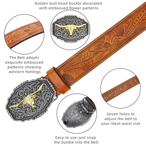 Image of Men Cowboy Belt, Western Cowgirl Big Letter Buckle Belts | Longhorn Bull Strap for Jeans Pants, Faux Leather Embossed Floral County Waistband