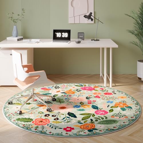 Round Rug 6ft Washable Circle Rug Non Slip Low Pile Boho Floral Small Circular Rug for Bedroom, Bathroom, Entryway, Kids Room, Office, College Dorm(Green)