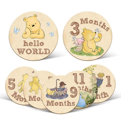 Image of 7 Pcs Winnie Baby Monthly Milestone Markers, Winnie Double Sided Winnie Baby Months Wooden Signs with Storage Bag, Winnie Baby Monthly Announcement Wooden Discs, Winnie Milestone Pictures of Newborn