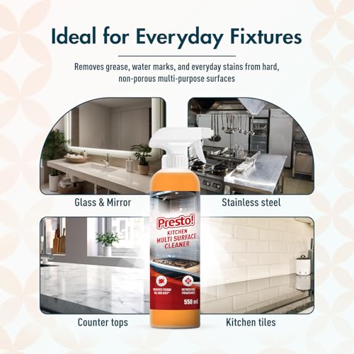 Image of Amazon Brand - Presto! Kitchen Multi Surface cleaner | 1.1 L | 550 ml x Pack of 2| Removes Tough Stains | Refreshing Fragrance | Suitable For All Kitchen Surfaces, Tiles, Marbels, Cabinets