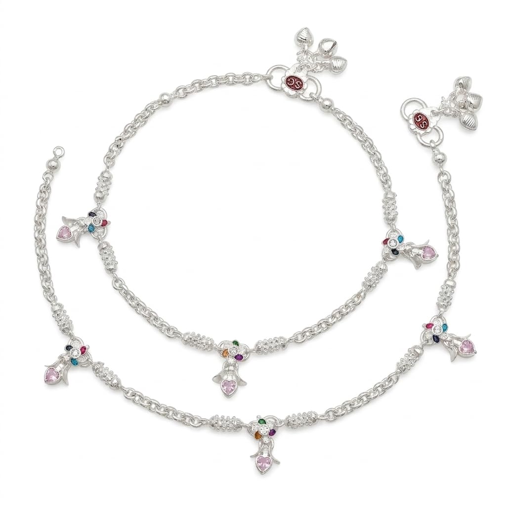American Diamond Flower Charm Anklet for Women | AD Stone Designer Payal | White Metal Stylish Foot Jewellery | Daily Wear Anklet for Women-image-12