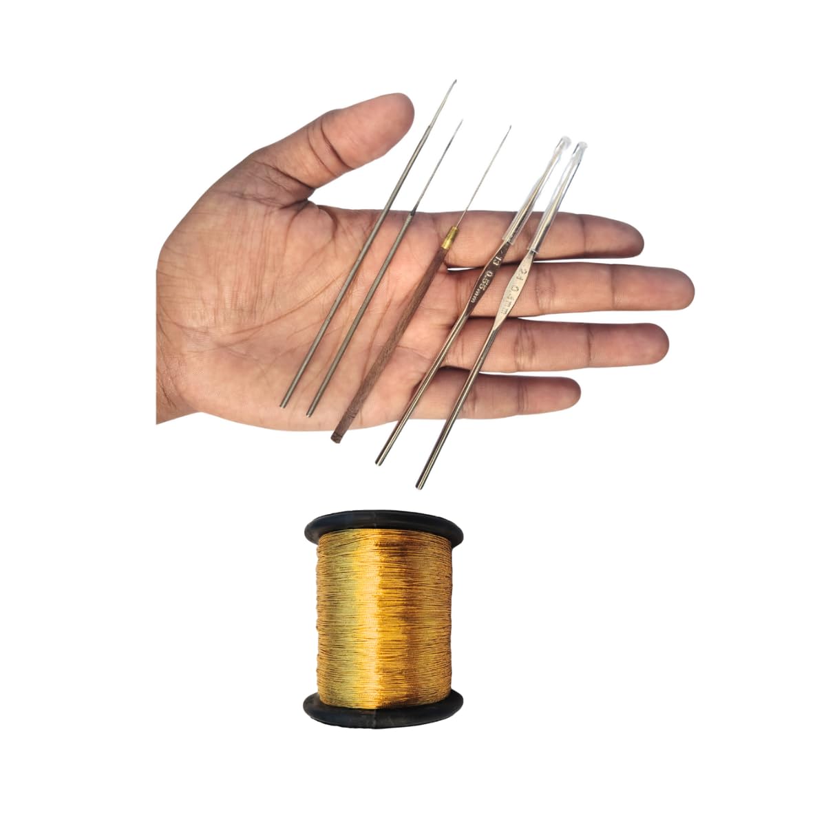 VELVAHINI Aari Iron and Tulip Needle (Size 13, 24) Combo Pack for Thread, Beads and Zardosi | Ideal for Beading, Aari Embroidery and Maggam Work (Pack of 5) & 1 Gold Zari Thread-image-2