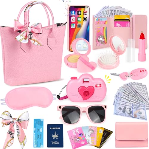 HUUIDY Toddler Play Purse Set Pink Princess & Trip Themed Pretend Play Toys for Girls Ages 3+ Includes Handbag Camera Phone Wallet Fake Makeup Travel Essentials
