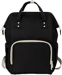 Mochila Maternidade Expansível Preta, Bolsa Gestante com Zíper Dourado, Compartimentos Múltiplos, Design Moderno