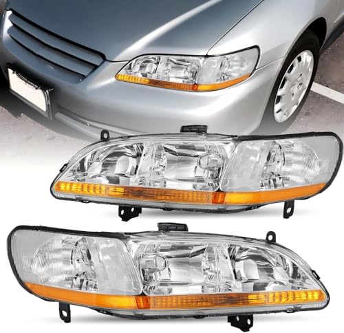 SOCKIR Headlight Assembly Pair Compatible with 1998-2002 Honda Accord Halogen Headlamp Replacement Driver and Passenger Side (Chrome Housing with Amber Reflector)