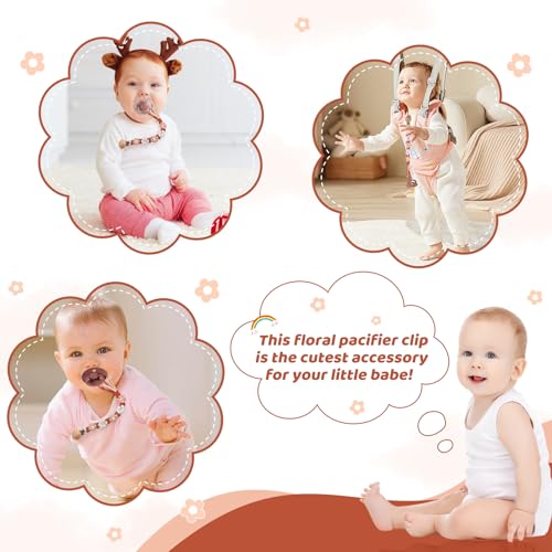 Image of Pacifier Clip for Boys Girls Floral Daisy Macrame Baby Paci Clip Pacifier Holder Leash Boho Wooden Clips Handmade Braided Cotton Binky Clips (1pack:Caramel Style A)