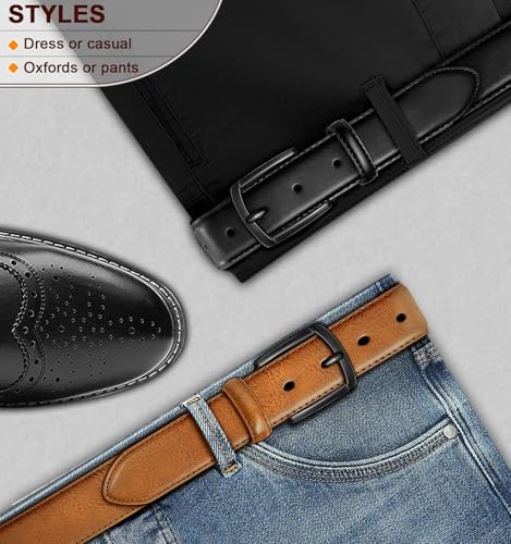 Image of BULLIANT Men Belt 2Pack-Leather Belt 7Holes Comfortable For Men's Dress Casual Jeans 1 3 /8 inch