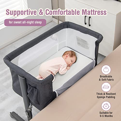 COSTWAY 3-in-1 Baby Bedside Crib, Easy Folding Cot Bed with Mattress, Breathable Mesh Window, Lockable Wheels and Travel Bag, Height Adjustable Newborn Sleeper for Birth to 9kg (Grey) - Image 6