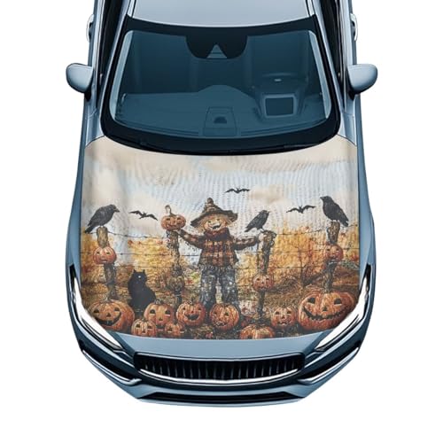 Image of Pumpkin Head Bat Car Hood Cover All Weather Protection Auto Exterior Accessories Decor for Halloween Universal Fit Hood Covers for Cars, Trucks, SUV, or Van Full Coverage