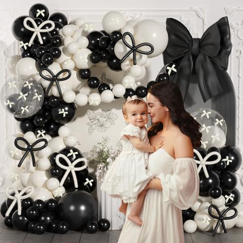 Image of Black and White Balloon Arch Kit, JOGAMS 199Pcs Black and White Bow Birthday Decorations with 260 Clear Balloons Ribbon Bow for Coquette Bow Birthday Bachelorette Baby Shower Bridal Shower Wedding