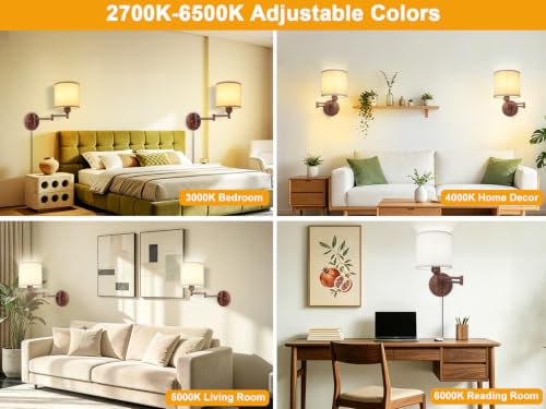 Image of GOODATE Plug in Wall Sconces with Remote Control, Dimming & Adjustable Colors 2700K-6500K, Hardwire or Plug-in, Swing Arm Wall Lamp, Wall Sconces Set of Two, Linen Fabric Shade, Walnut Finish