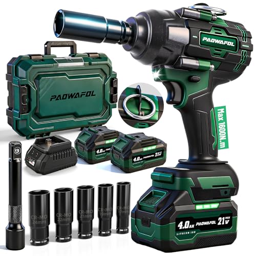 PAOWAFOL 2026 Impact Wrench 1180ft-lbs(1600N.m), 1/2' Impact Gun with 2x4.0Ah Battery, 21V Cordless Impact Driver High Torque with 5 Sockets, Pistola Llave De Impacto Brushless for Truck RV Home Car