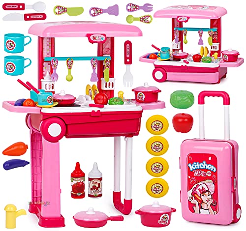 Image of Zest 4 Toyz Kitchen Set for Kids Girls Big Cooking Set Light Sound Toys Portable Trolley Pretend Play Toys Battery Operated (Pink) Made in India