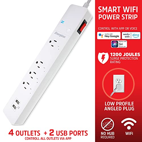 Image of Energizer Smart Wi-Fi 4 Outlet 2 USB Power Strip, 1,200 Joules, Powers 4 Separate Items, Charge Compatible Devices, Compatible with Alexa /Siri /Google Assistant