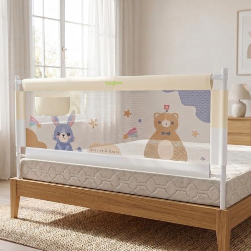 Image of BAYBEE Baby Bed Rail Guard (150x80cm) | Bed Railing for Baby Safety with 28 Height Adjustable Bedside Protector for Babies Falling | Foldable Bed Safety Guard for Kids (1 Side, (White /Beige)