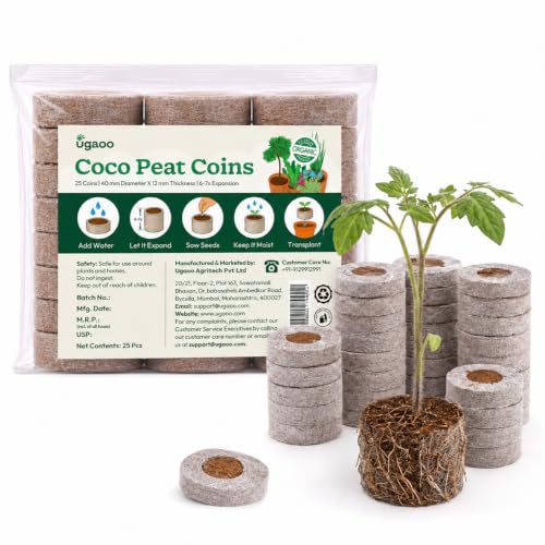 Image of UGAOO Coco Peat Coins for Seed Germination (Pack of 25) | 40mm Netted Coco Coir Pellets | Expands 6-7X | Seed Starter Plugs for Vegetables, Herbs, Flowers & Hydroponics
