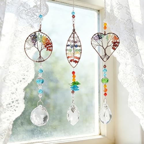 Lot de 3 attrape-soleil en cristal - Décoration de fenêtre à suspendre avec pierre naturelle et cristal - Carillon éolien coloré pour jardin, fenêtre,...