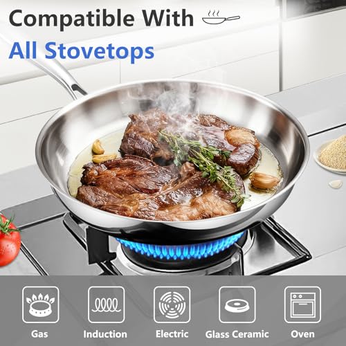 Image of SAKAMOSH 12 Inch Tri-Ply Stainless Steel Frying Pan, Induction Compatible Skillet, Large Frying Pan, Oven and Dishwasher Safe, Fast & Even Heat, PFOA & PTFE Free