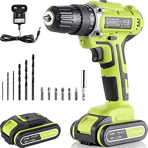 Cordless Drill 18V, Electric Drill Driver 1500mAh Battery, 28N.m, 15+1 Torque Setting with 15 Pcs of Accessories, 0-1500RPM Variable Speed for DIY, Drilling Walls, Wood, Metal Cover