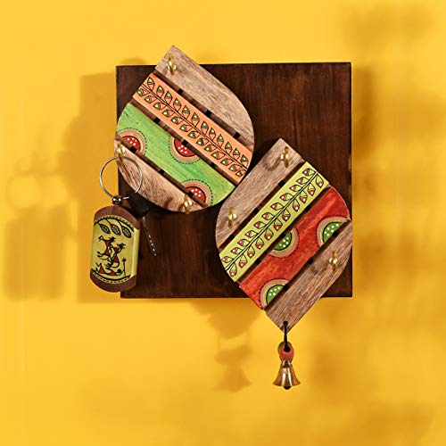 Image of AAKRITI ART CREATIONS Key Holder, Handcrafted Madhubani Design Key Hanger | Rustic Wood Wall Organizer with 4 Hooks | New Home Gifts | Multifunctional Entryway Decor Item