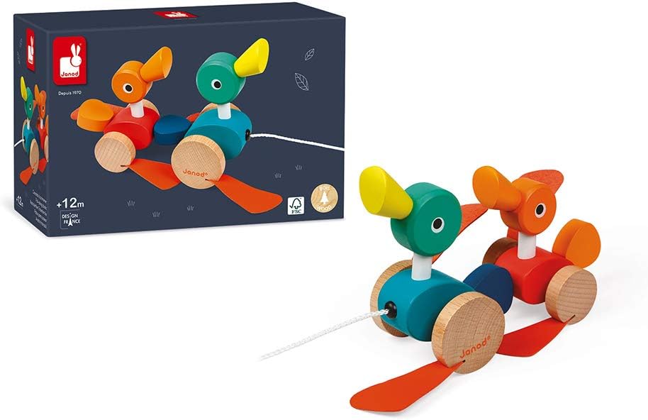 Janod Zigolos Pull Along Duck Family Early Learning and Motor Skills Toy with Flapping Feet Made of Beech and Cherry Wood for Ages 12 Months+