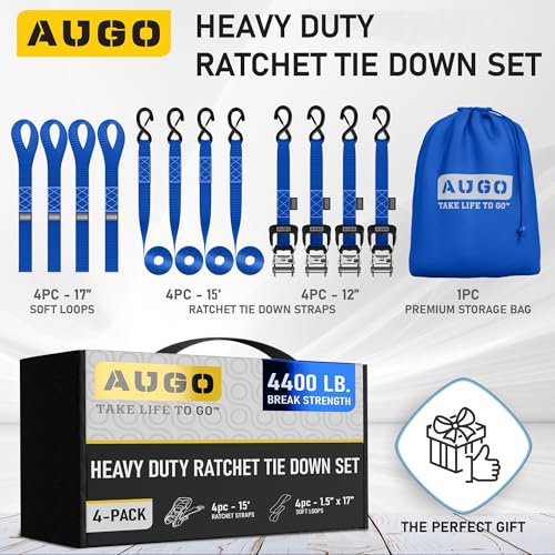 Image of AUGO Heavy Duty Ratchet Straps & Soft Loops - Pack of 4 Extra Strong 1.5 inch by 15' Ratchet Straps w /S-Hook Safety Latches & 4 Soft Loop Tie Downs - 4400Lb Break Strength for Motorcycles, ATVs, Etc.