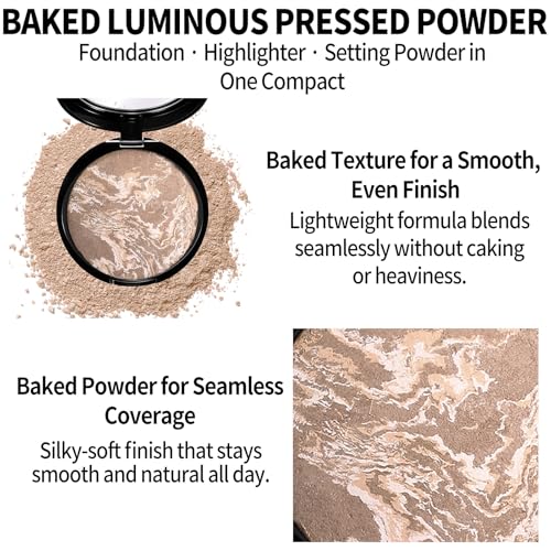 Image of Baked Luminous Pressed Powder-Glow-Infused Foundation,Highlighter & Setting Powder in One-Color-Correcting,Oil-Control,Long-Lasting Coverage for All Skin Tones 05