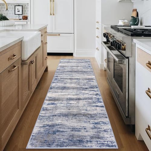 KOZYFLY Modern Abstract Hallway Runner Rug, 2.6x8 Washable Rug Runner Non-Slip Soft Striped Kitchen Runner Rugs, Print Distressed Grey Blue Carpet Runner for Entryway Bathroom Laundry Room Foyer