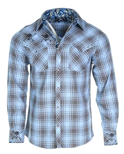 Rock Roll n Soul Men's Embroidered Skull Flannel Blue Long Sleeve Button-Up Shirt 841