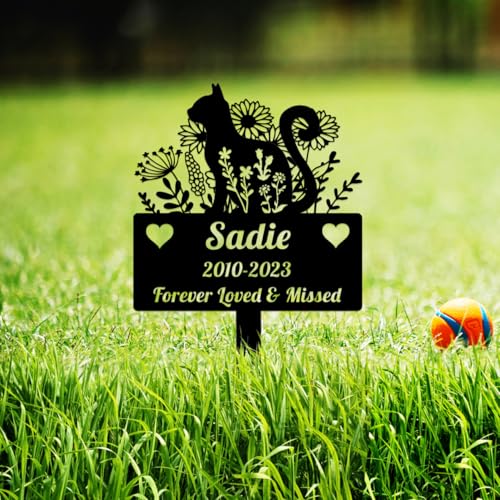 Custom Flowers Cat Memorial Stake, Personalized Pet Cat Grave Marker, Metal Cat Loss Sympathy Sign, Garden Decor Floral Cat Remembrance Metal Stake Grave Marker for Garden Cemetery