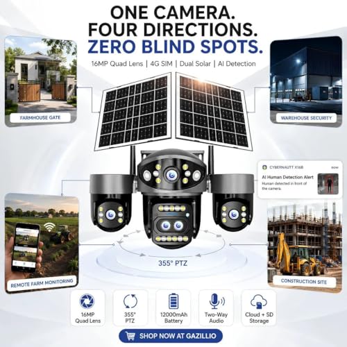 Image of Xuga Cybernautt X16B 4G Solar Security Camera | 16MP Four Lens, 10x Zoom, 355 Pan-Tilt | 12000mAh Battery Wireless Outdoor Camera with H.265+, Two-Way Audio, Cloud /SD Storage