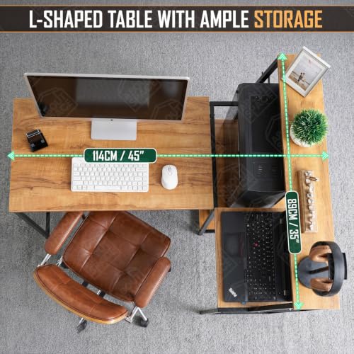 Image of ABOUT SPACE Study Table -L-Shaped Computer Table with Tower & Bottom Storage -Metal Frame Gaming Desk with CPU Stand-Office Desk for Laptop, PC-Engineering Wood (Teak - L 114 x B 89 x H 117cm)