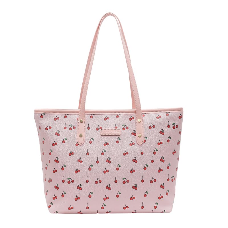 Image of hibear Cherry Print Tote Bag for Women Bow Shoulder Handbag Trendy Faux Leather Top-Handle Bag with Cherry Accessories